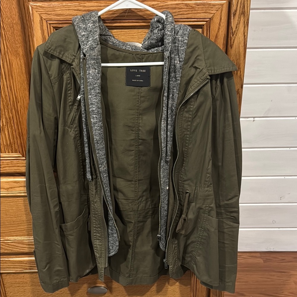 Olive Green Jacket with Gray Hoodie